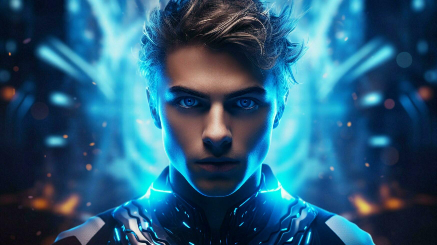 uno joven hombre futurista azul iluminado antecedentes foto