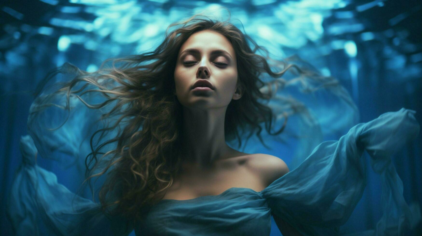 one young woman blue portrait underwater creativity photo