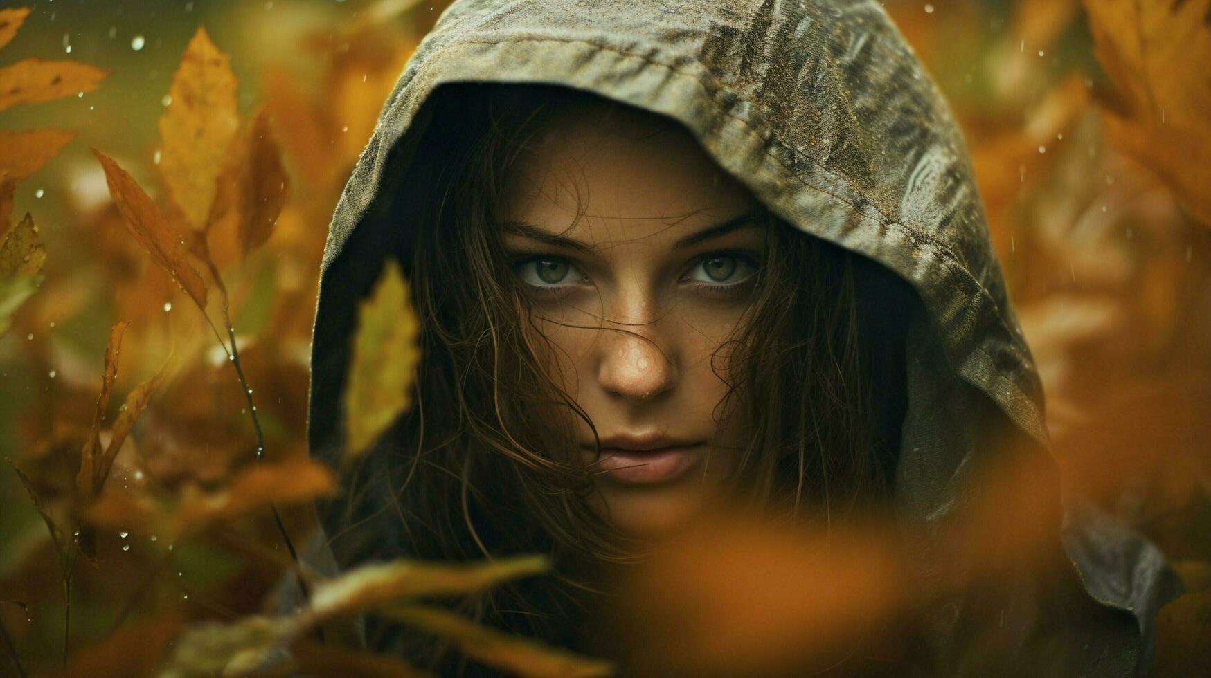 one young woman hiding in the wet autumn forest photo