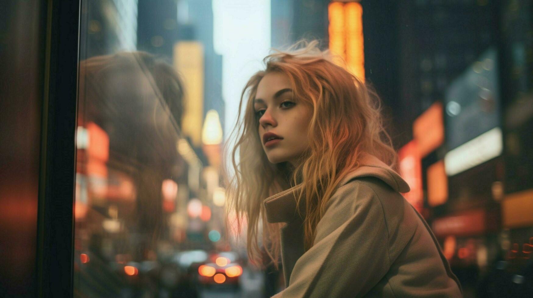 one young woman looking through window reflecting on city photo