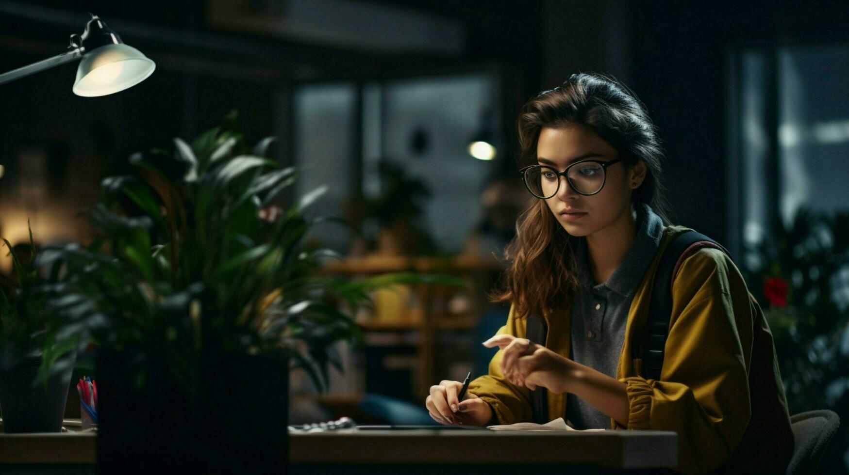 one young woman working indoors using computer in dark photo