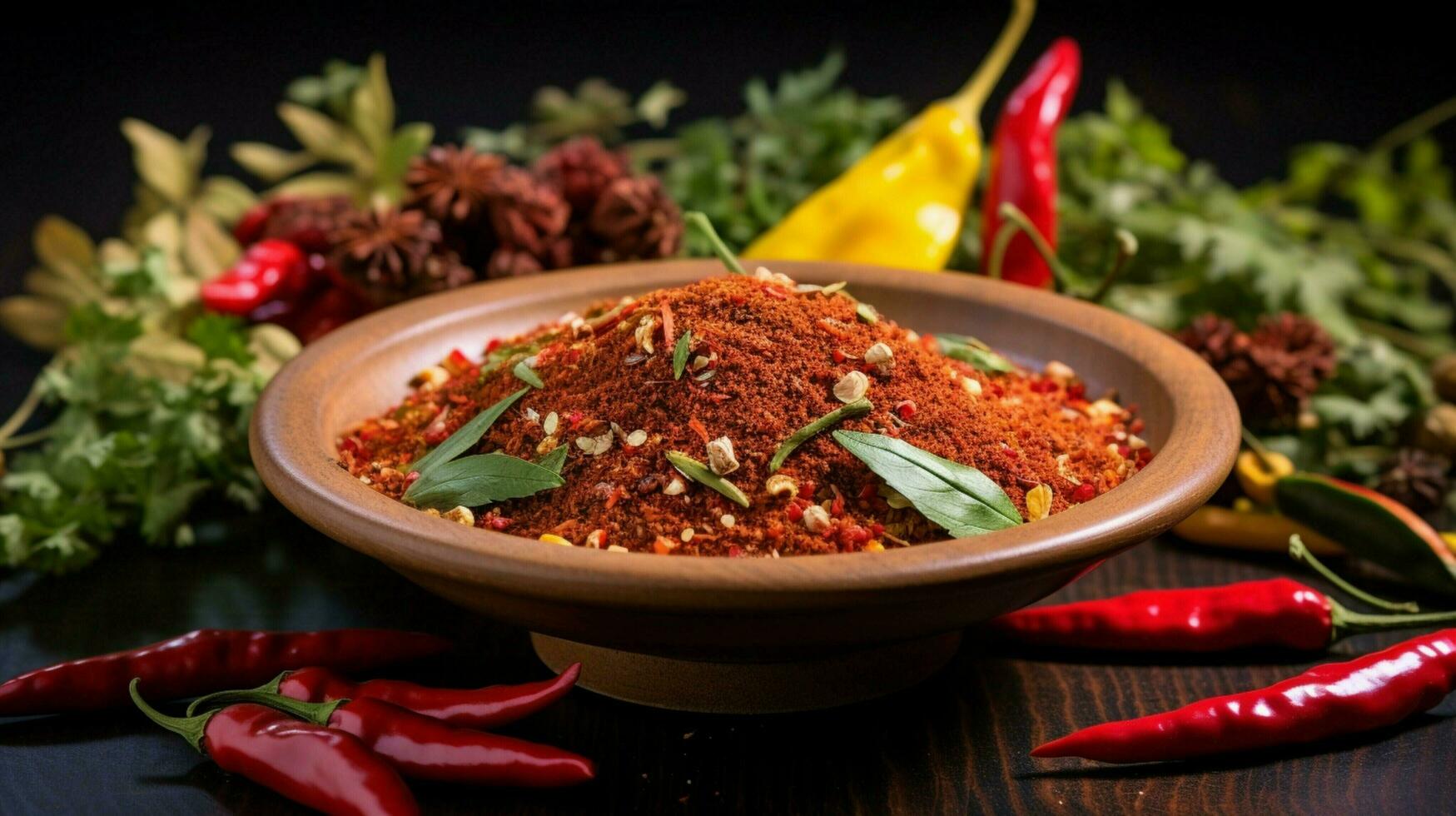 organic chili pepper seasoning on fresh vegetable bowl photo