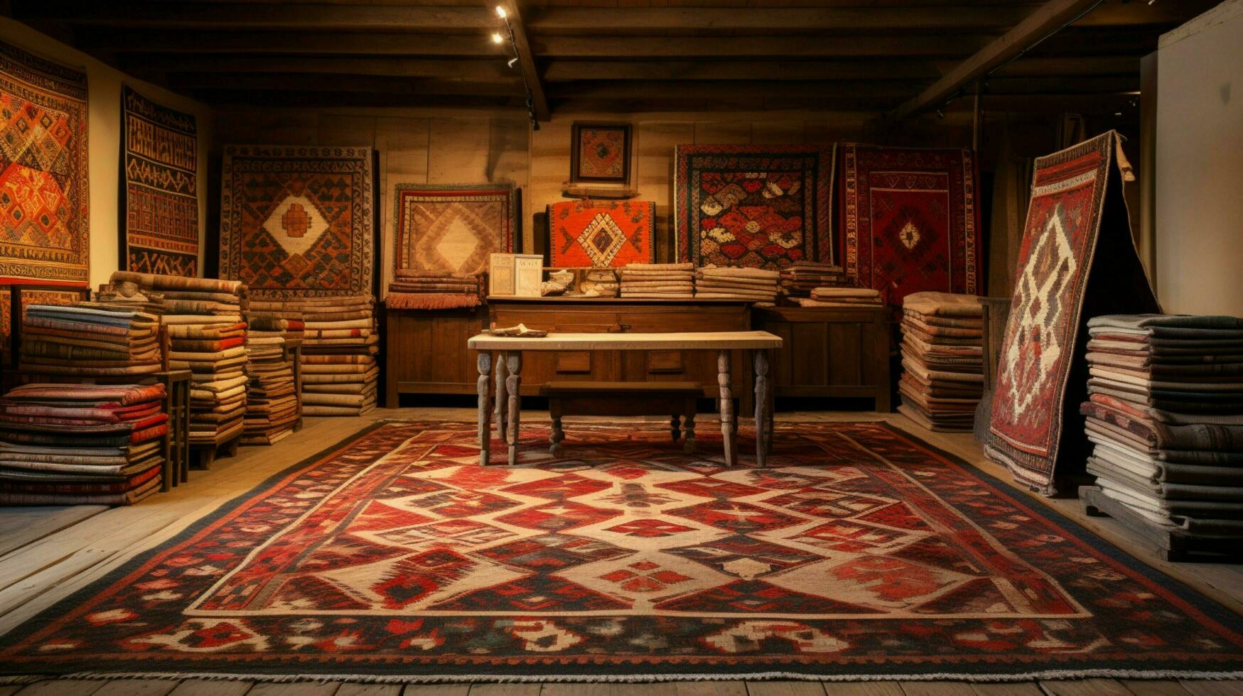 ornate kilim rugs in antique store collection photo