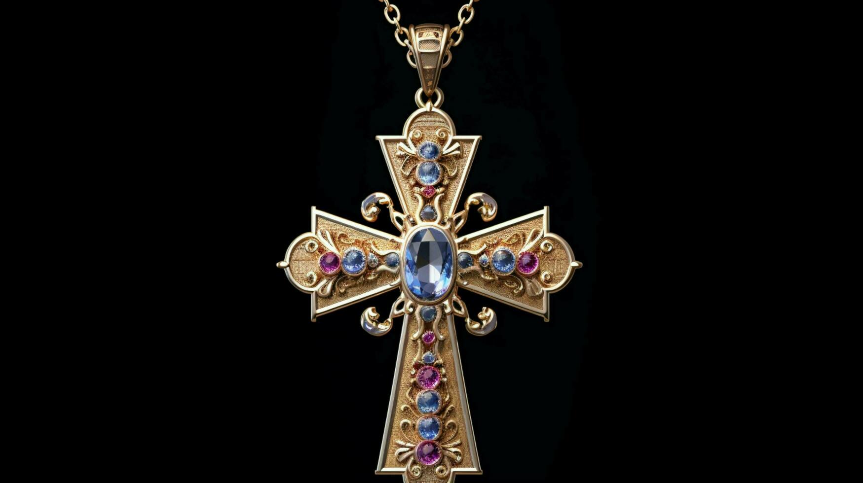 ornate cross necklace shiny gold with gemstones photo