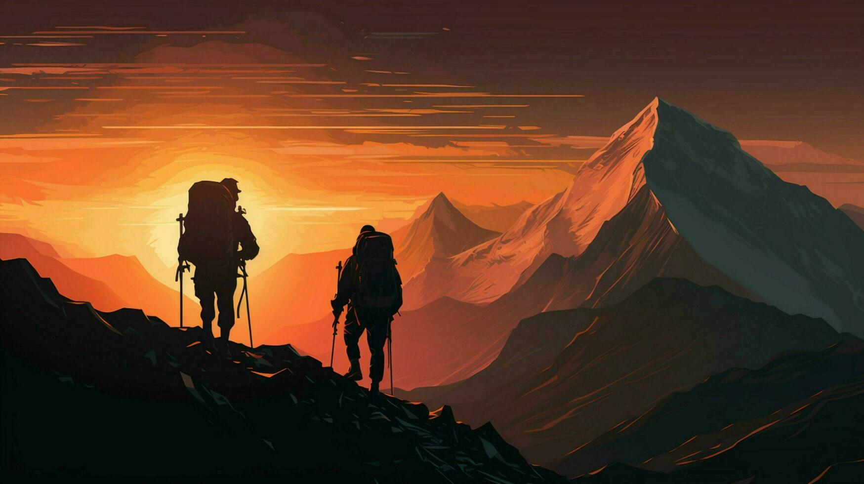 outdoor adventurers hiking towards mountain peak sunrise photo