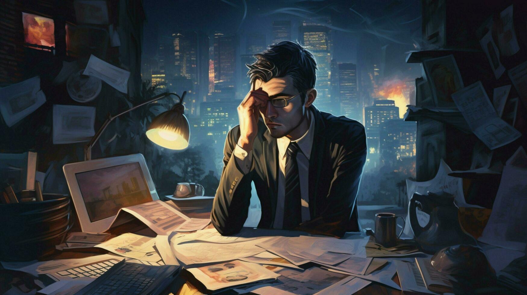 overworked businessman brainstorming sticky ideas at night photo