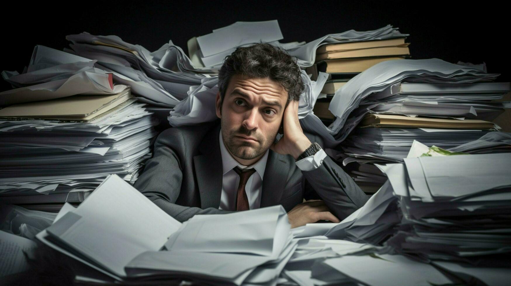 overworked businessman buried in paperwork on desk photo