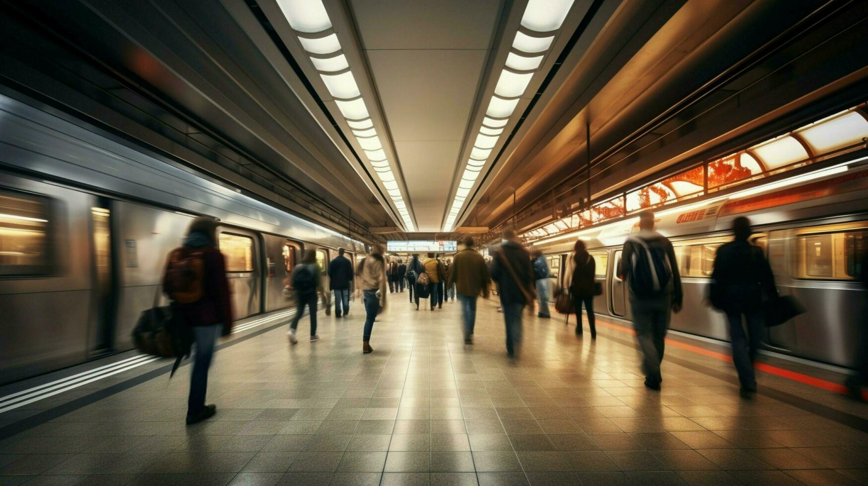 passengers rush through modern subway station platform photo