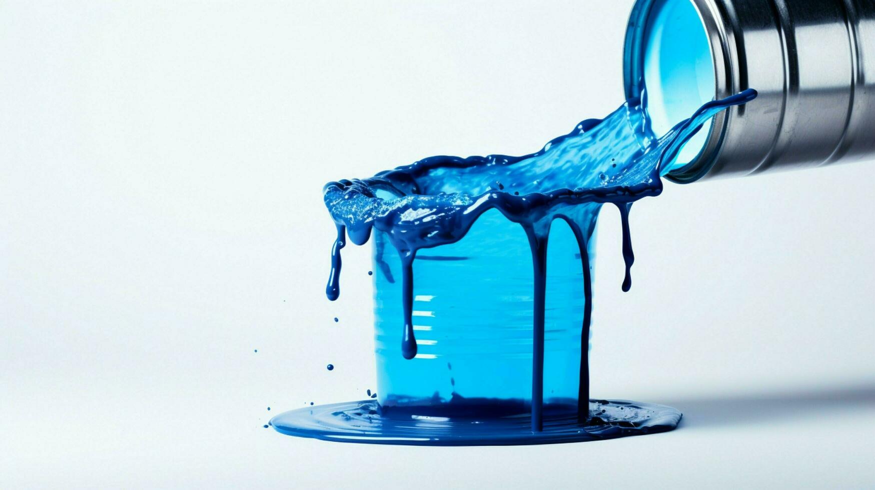 paint can pours blue ink onto white background photo