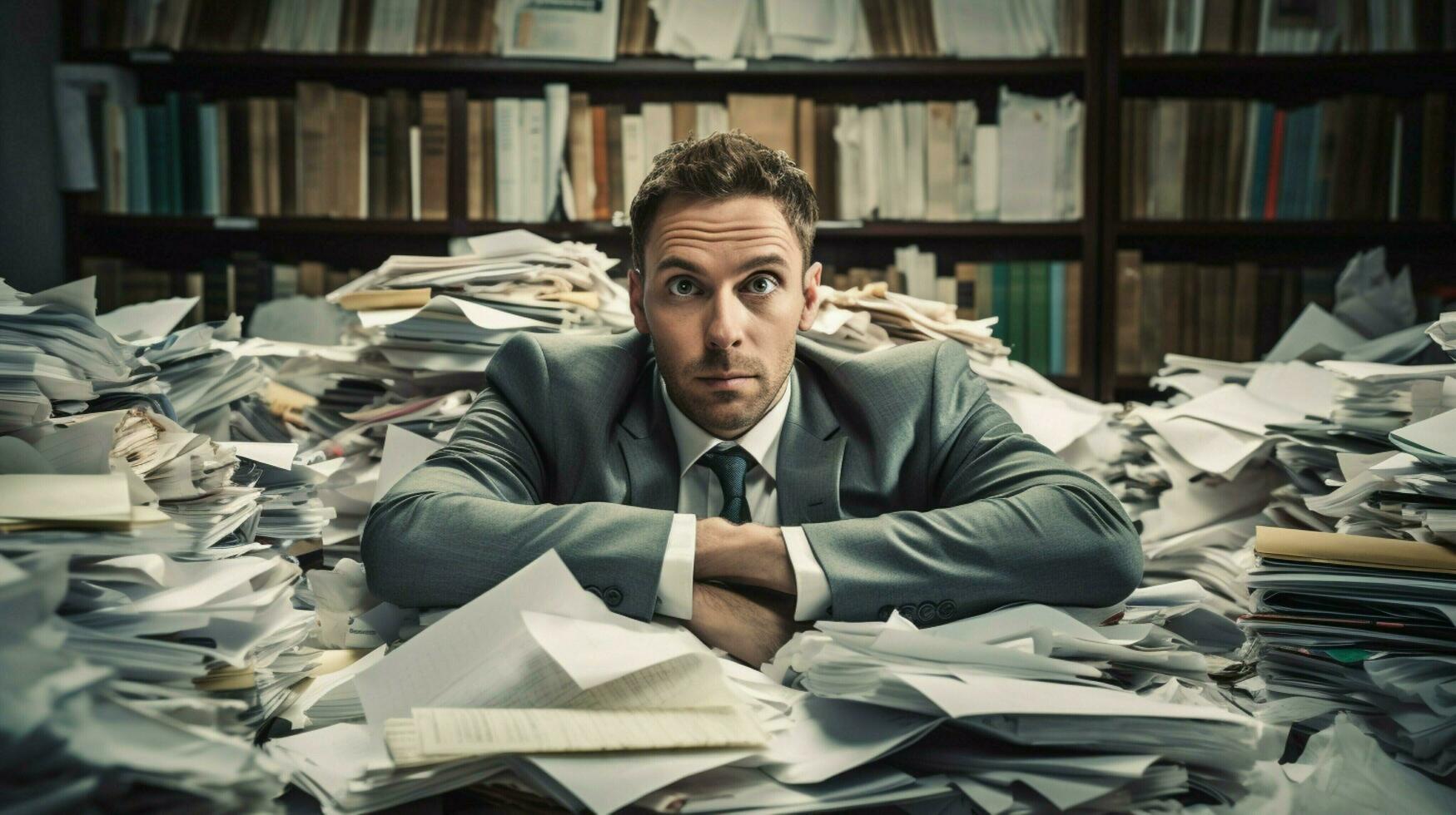 overworked businessman buried in paperwork on desk photo