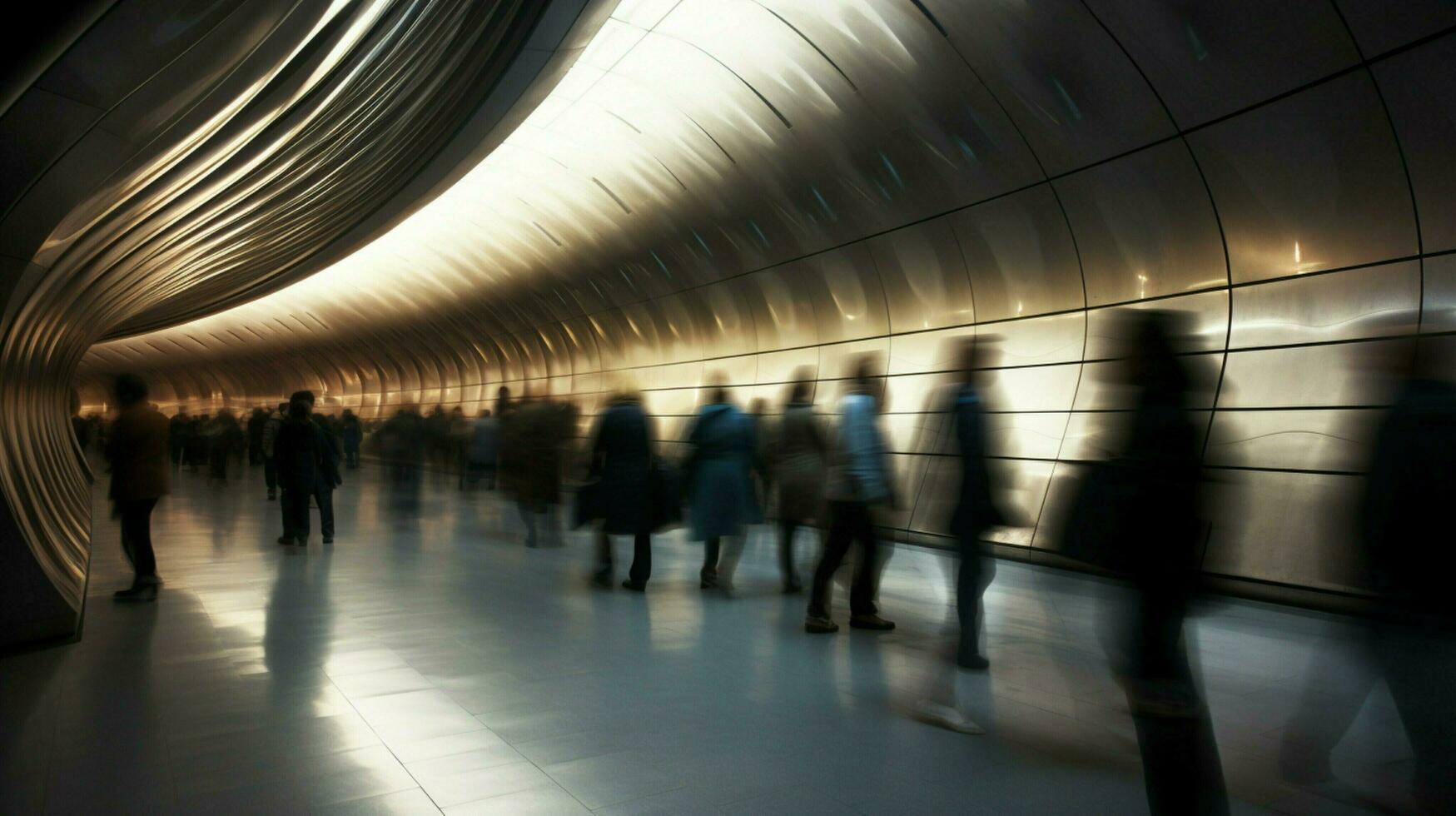 passengers rush through modern subway station platform photo