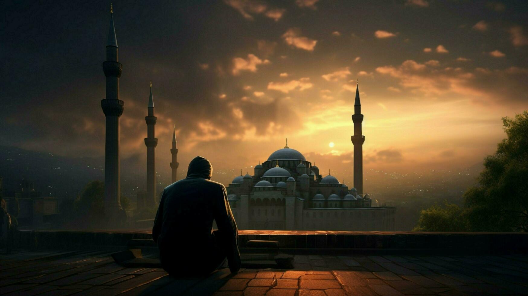 praying at the blue mosque at dusk photo