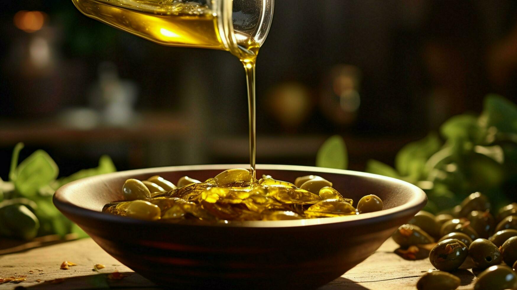 pouring olive oil into a bowl fresh and gourmet cooking photo