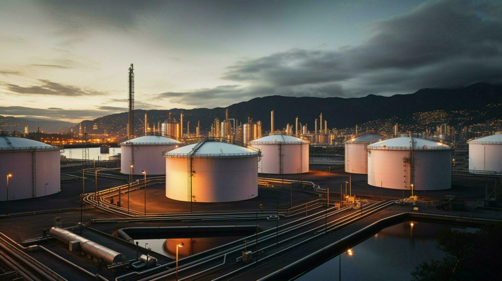 refinery illuminates dusk with fuel storage tanks photo