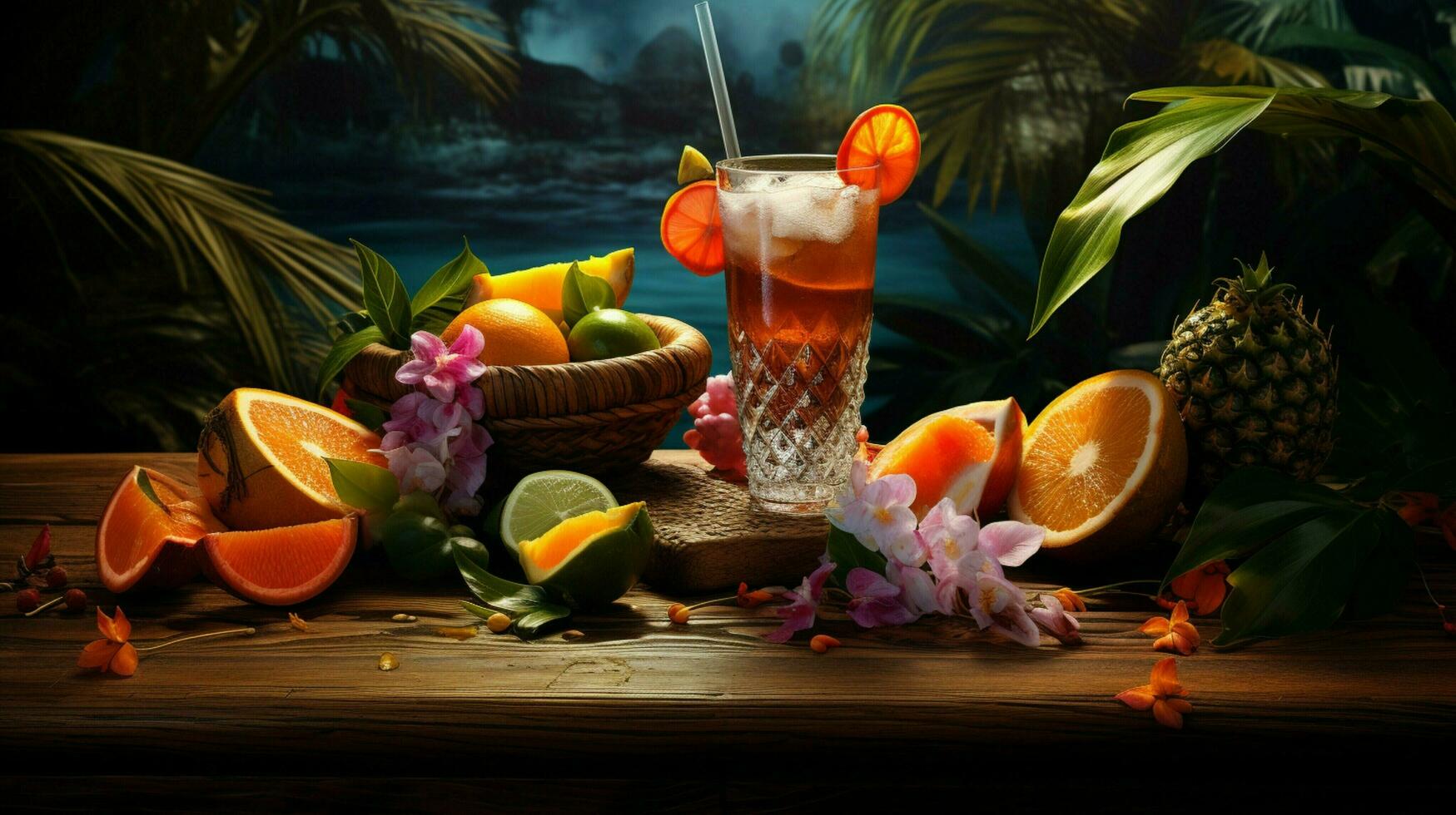 refreshing cocktail on wooden table surrounded by tropical photo