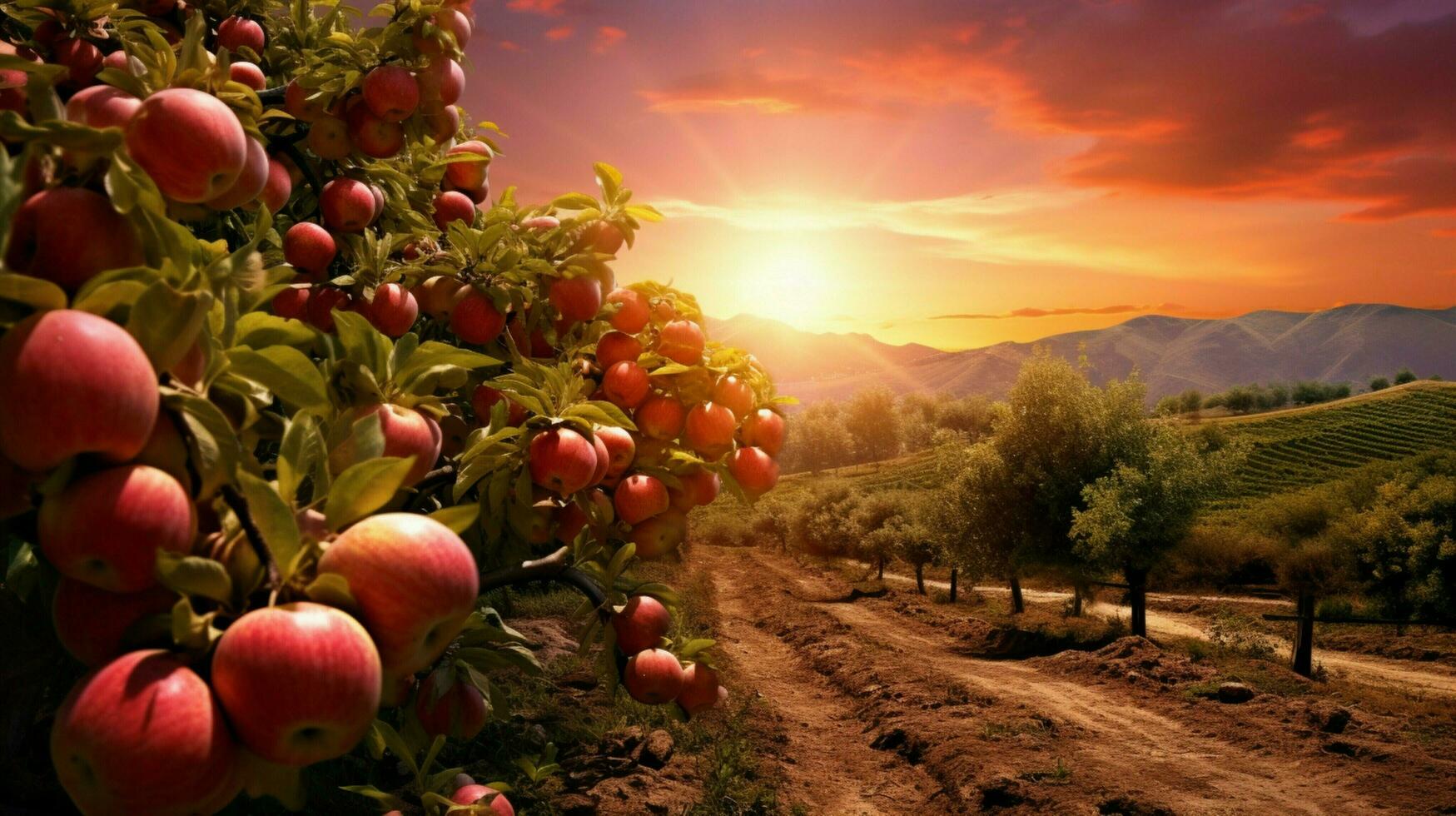 ripe fruit on idyllic farm in vibrant sunset photo