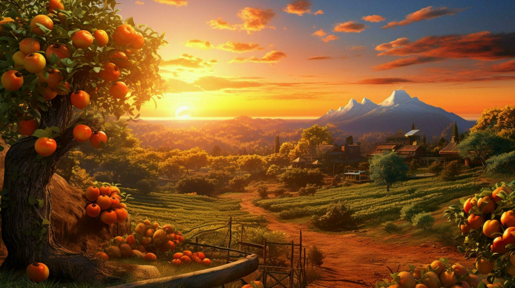 maduro Fruta en idílico granja en vibrante puesta de sol foto