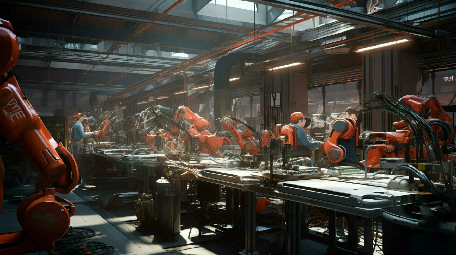 robotic arms working in futuristic factory workshop photo