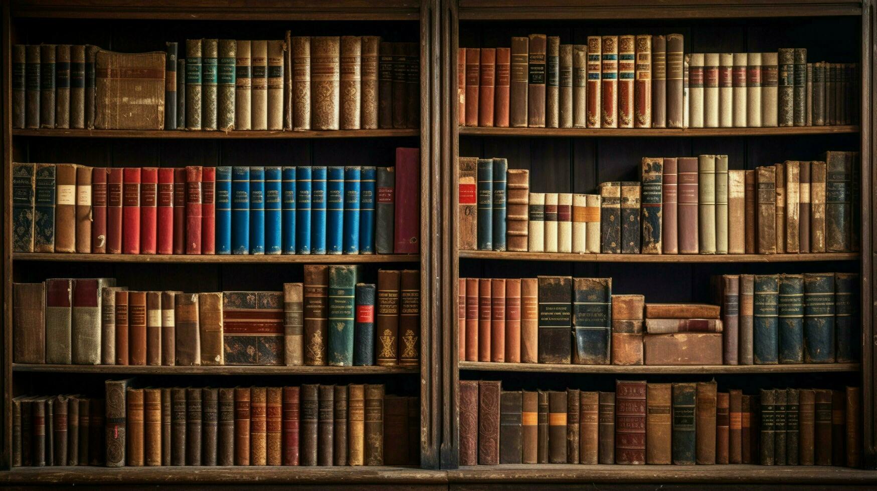 row of old textbooks fills antique bookshelf photo