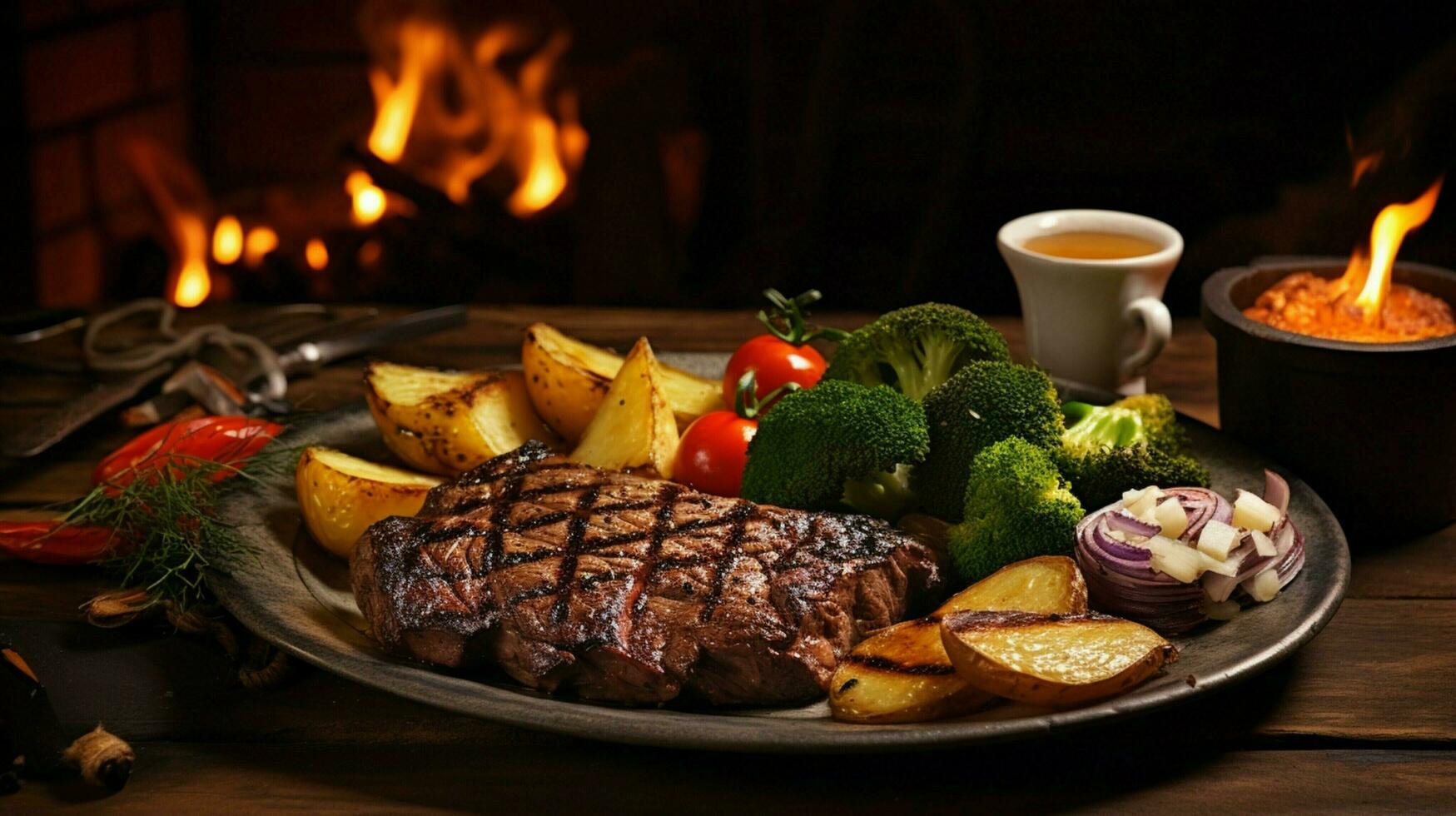 rustic grilled meat and vegetable meal on wooden table photo