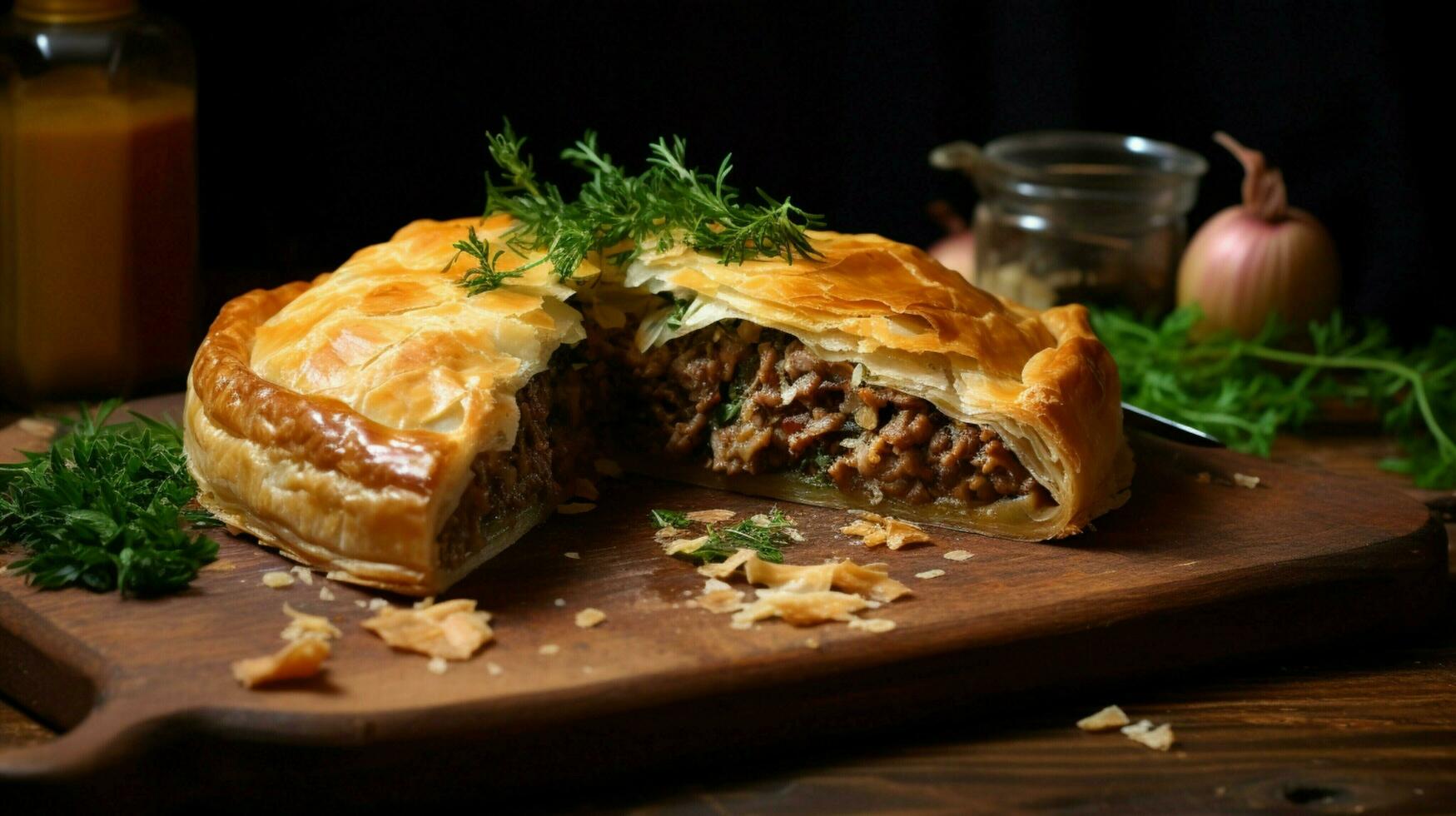 rustic meat pie baked with savory onions photo