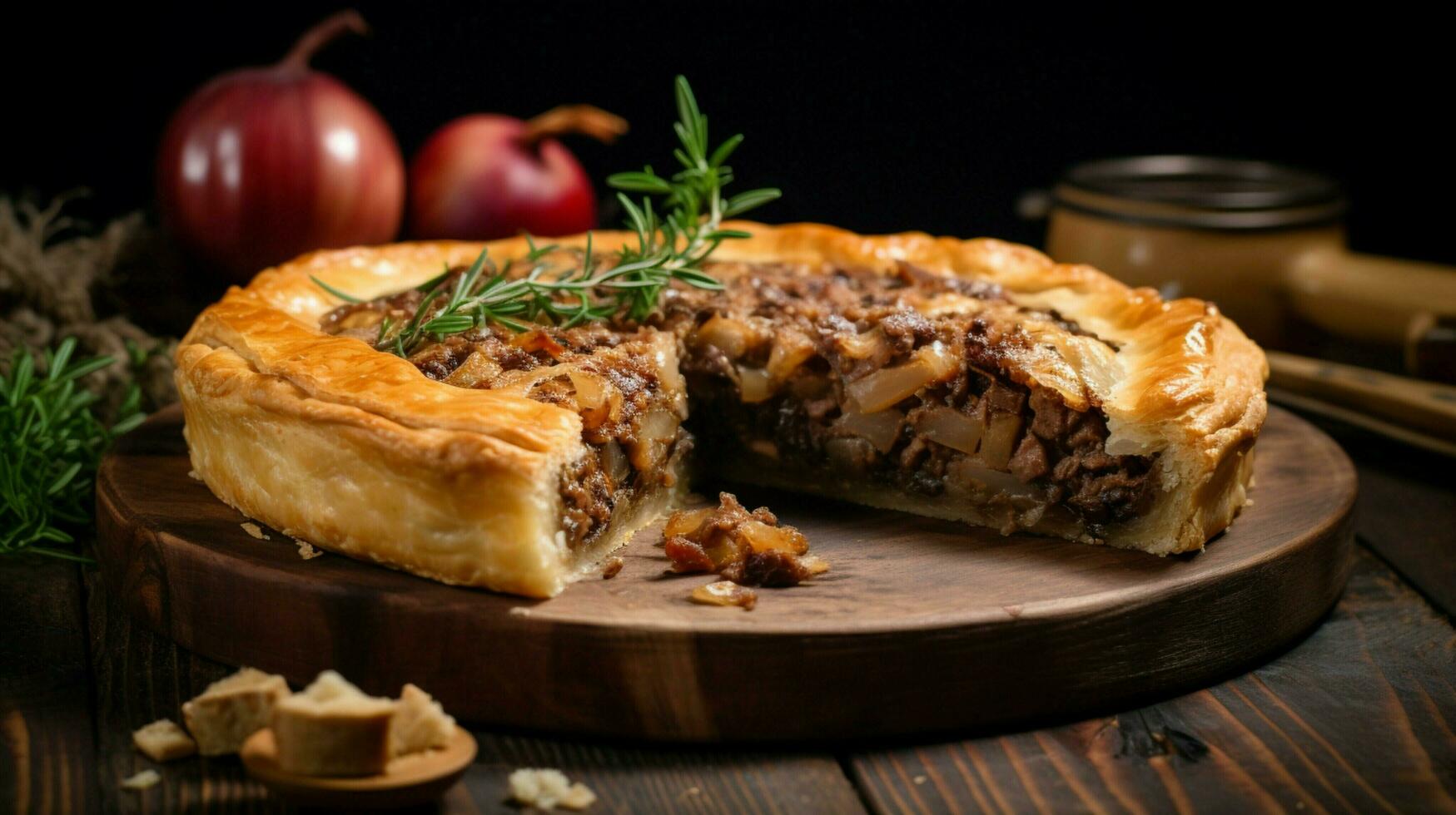 rustic meat pie baked with savory onions photo