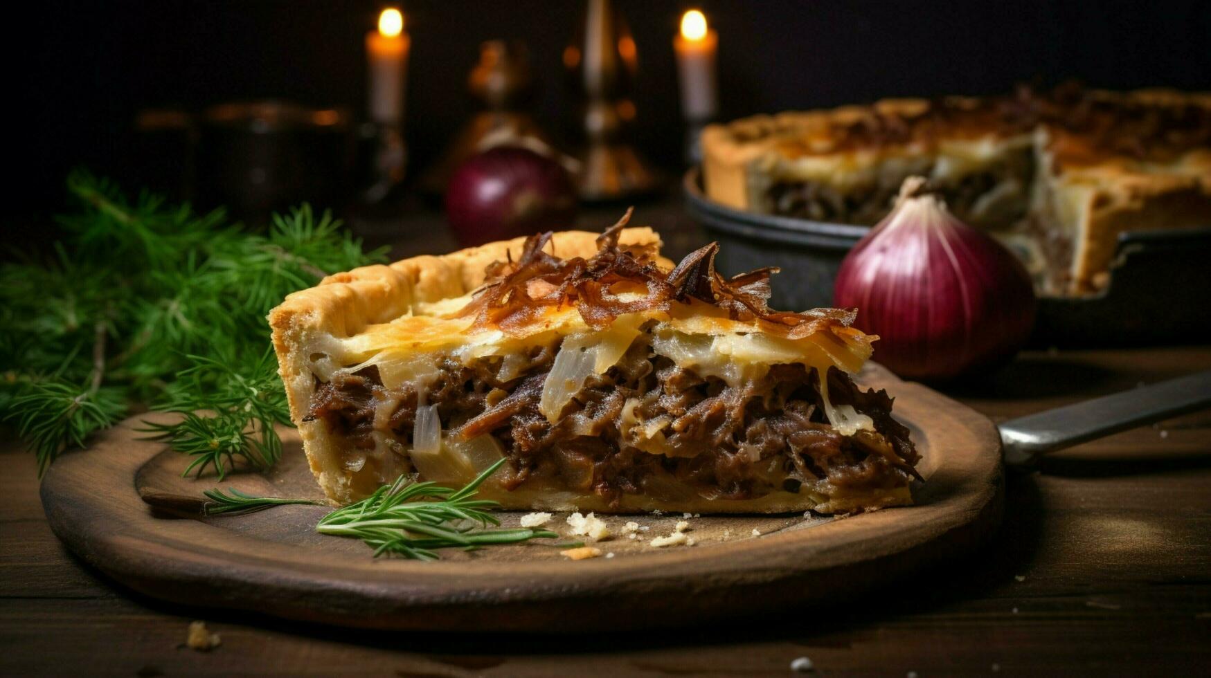 rustic meat pie baked with savory onions photo