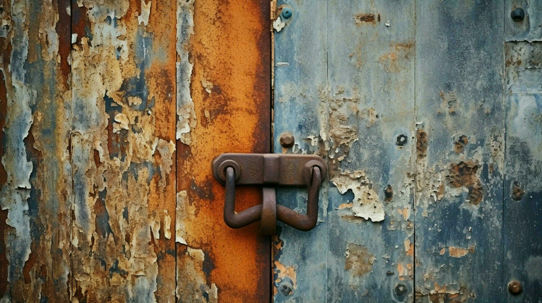 rusty metal door with old steel lock and dirty handle photo