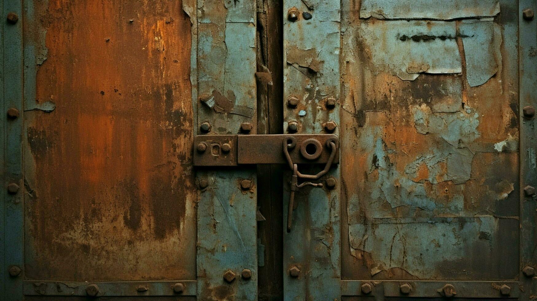 rusty metal door with old steel lock and dirty handle photo