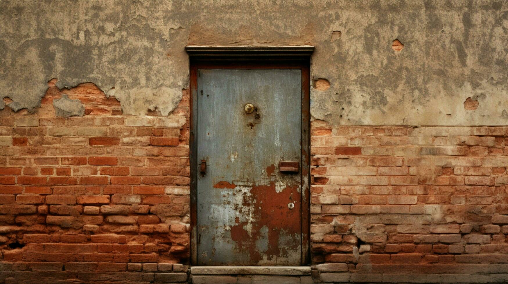 rusty old door with brick wall and metal doorknob photo