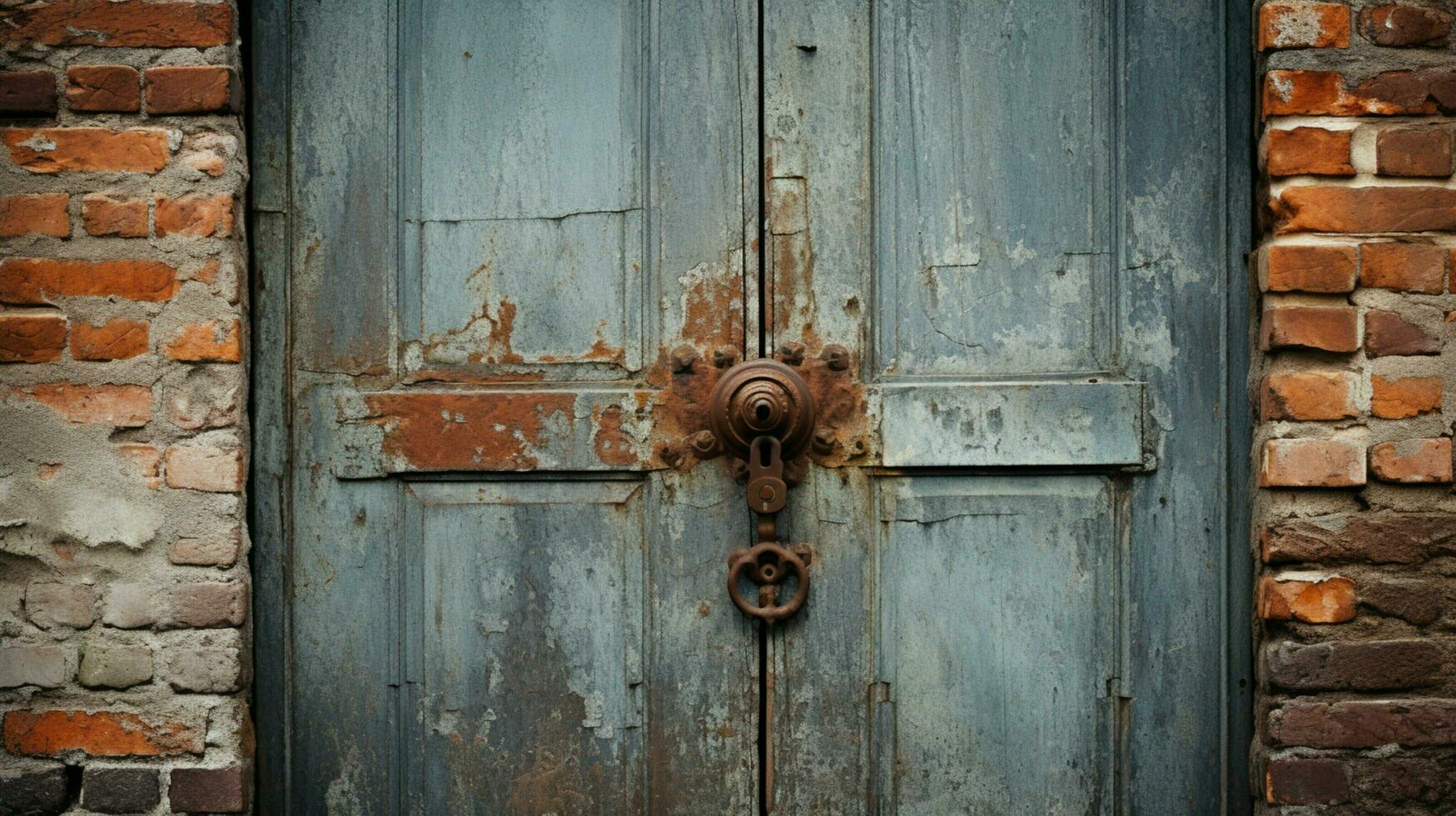 rusty old door with brick wall and metal doorknob photo