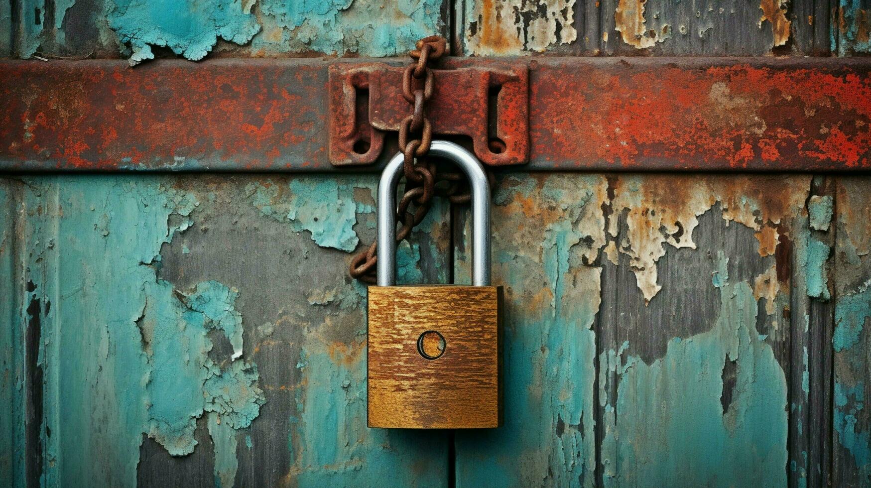 rusty old padlock on weathered steel door symbolizes photo