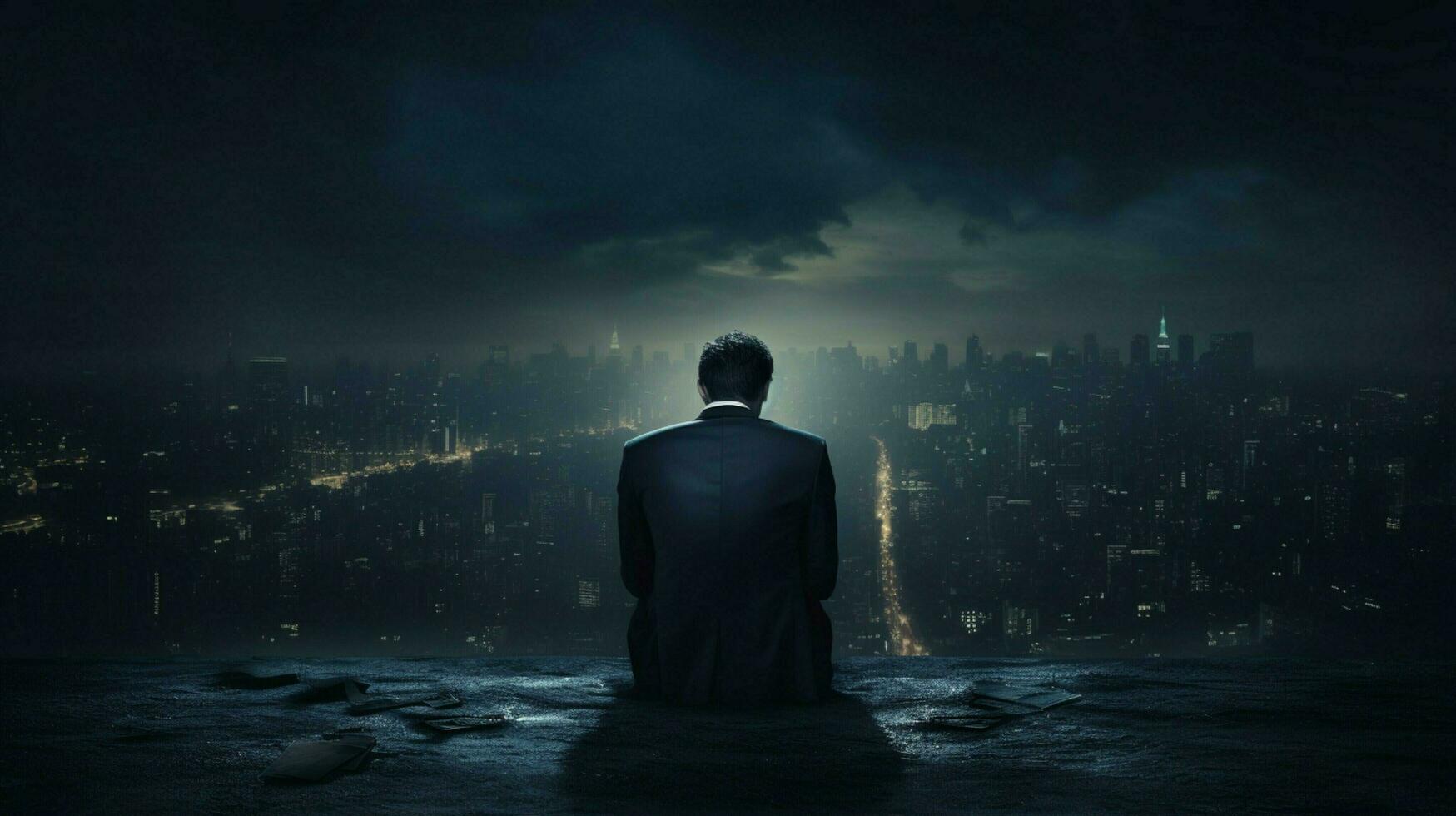 sad businessman sits alone in dark solitude photo