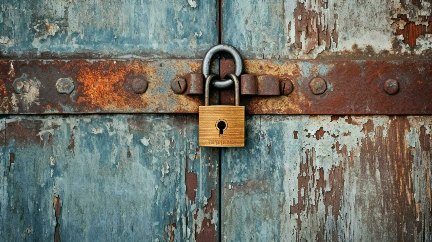 rusty old padlock on weathered steel door symbolizes photo