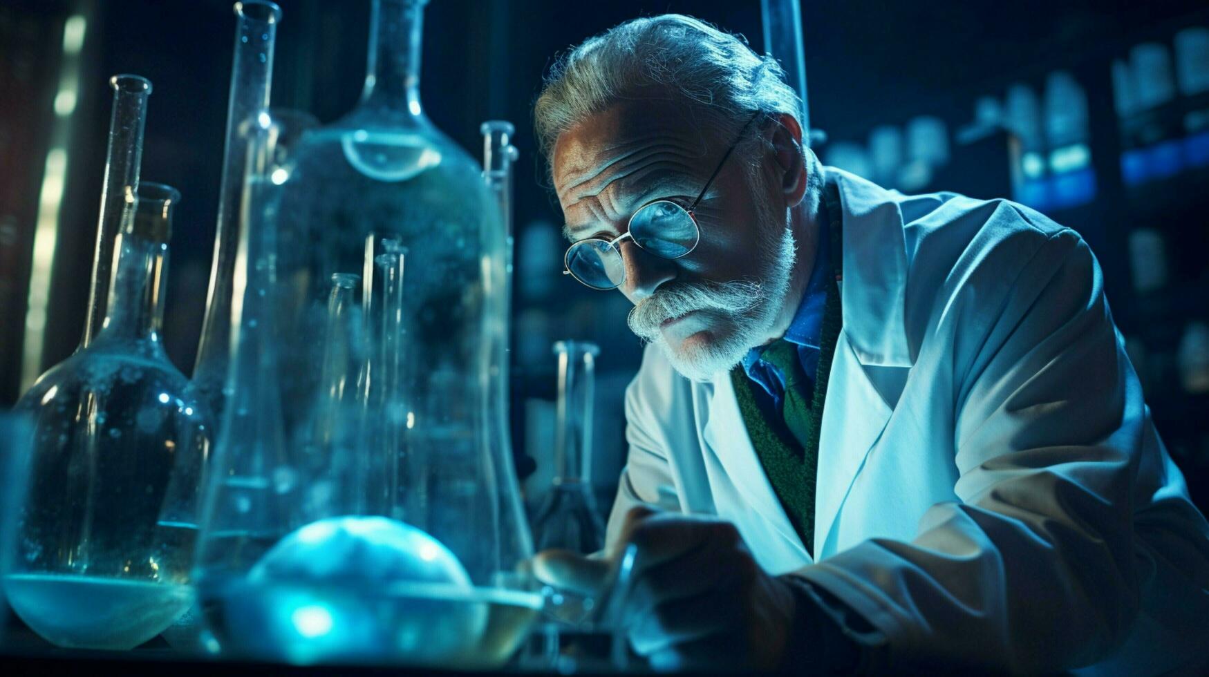 scientist analyzing liquid in test tube indoors photo