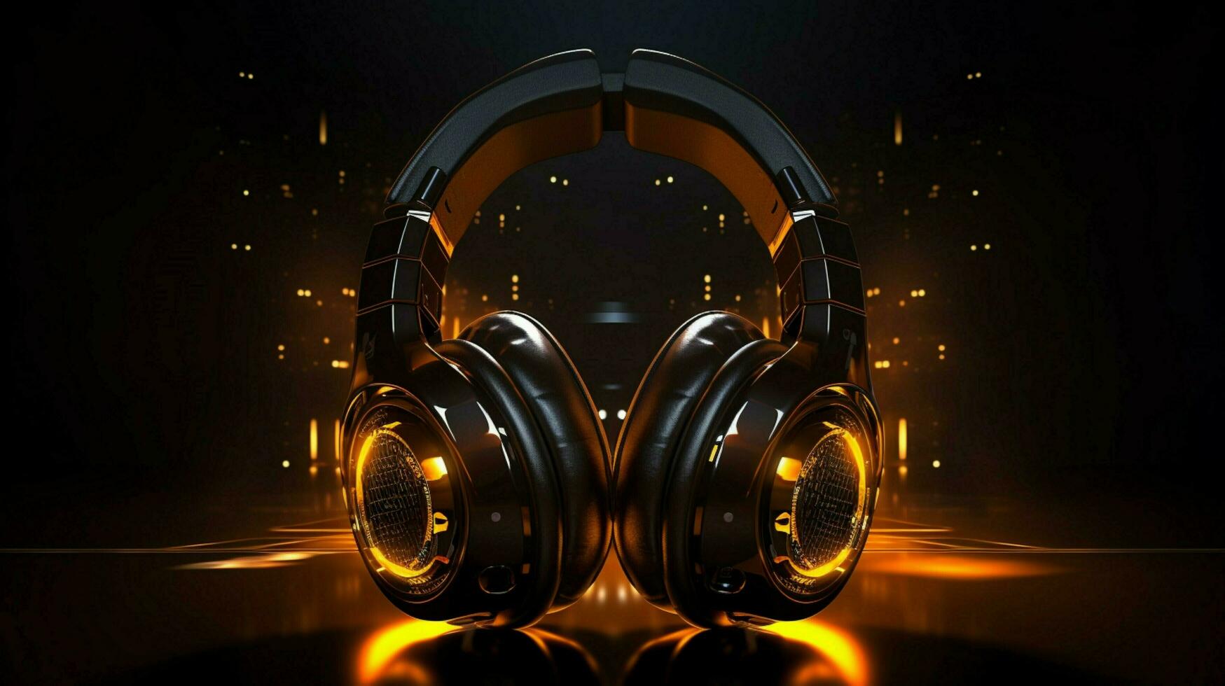 shiny black headphones reflect golden nightclub lights photo