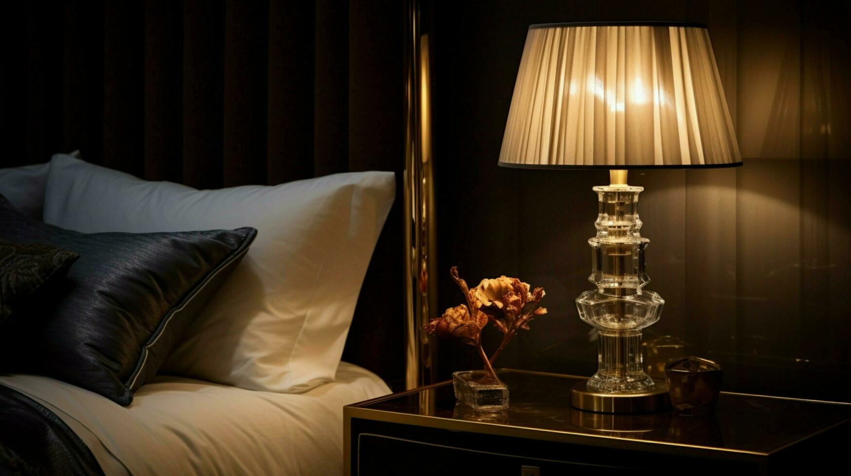 shiny antique lamp illuminates modern elegant bedroom photo