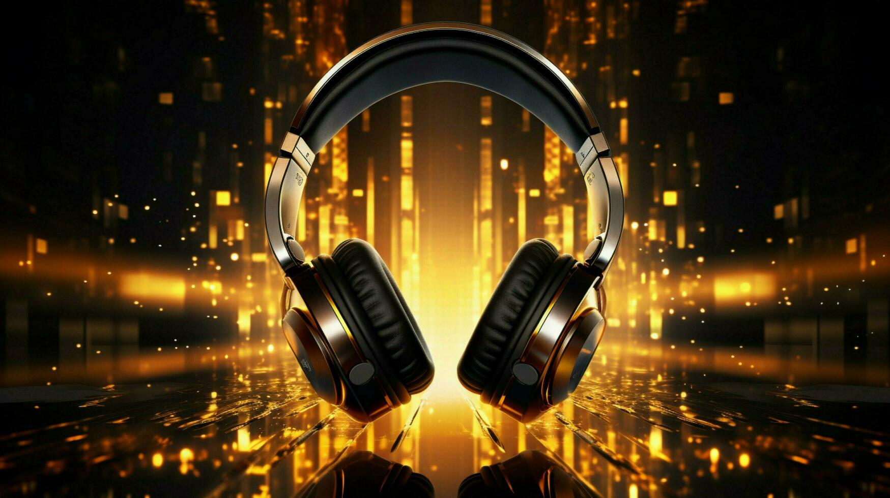 shiny black headphones reflect golden nightclub lights photo