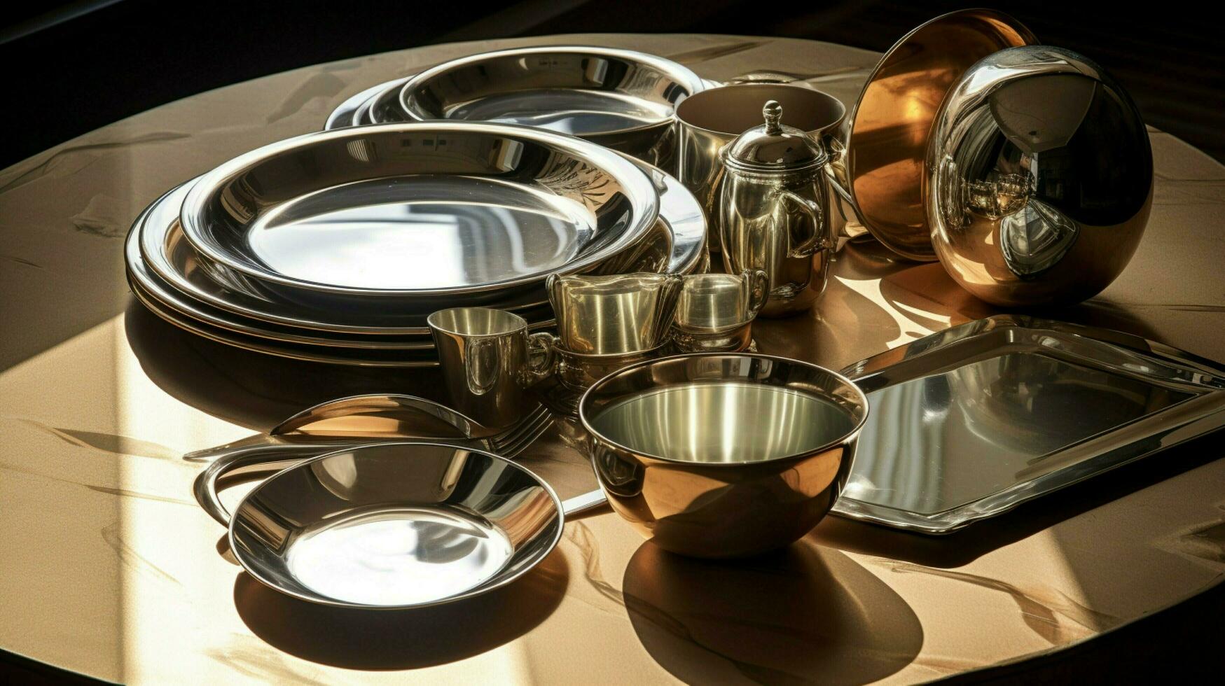 shiny circle of metal crockery on clean table photo