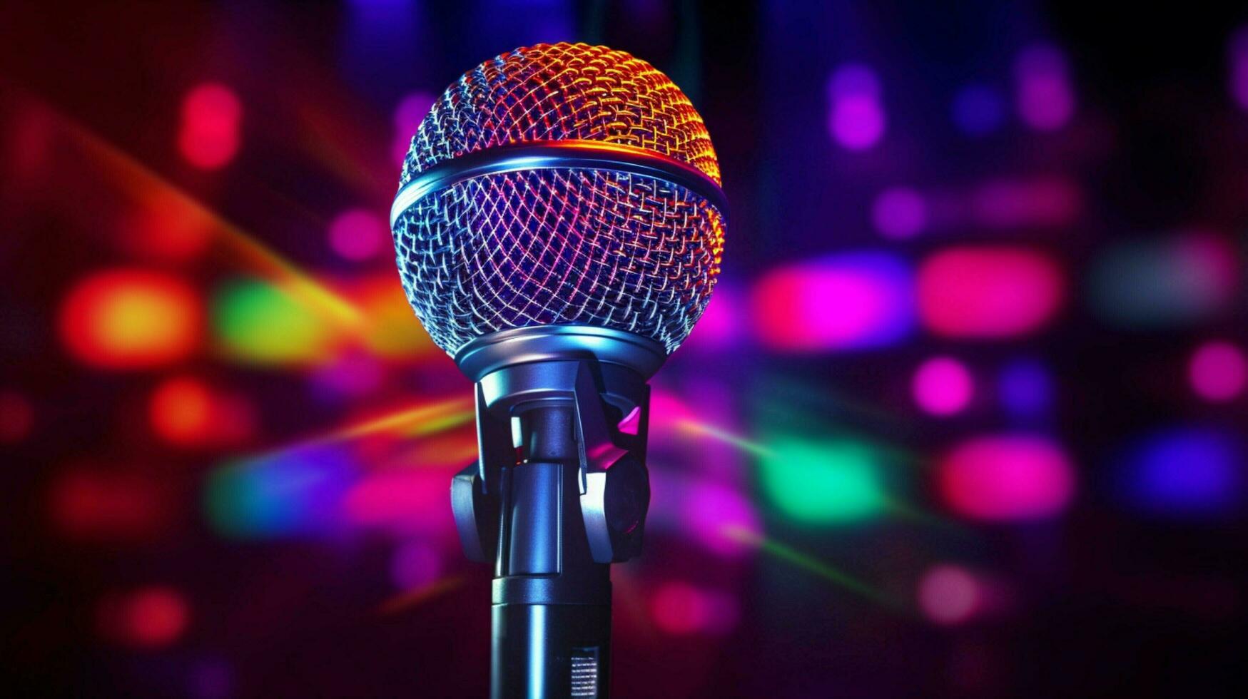 shiny chrome microphone glows under nightclub spotlight photo