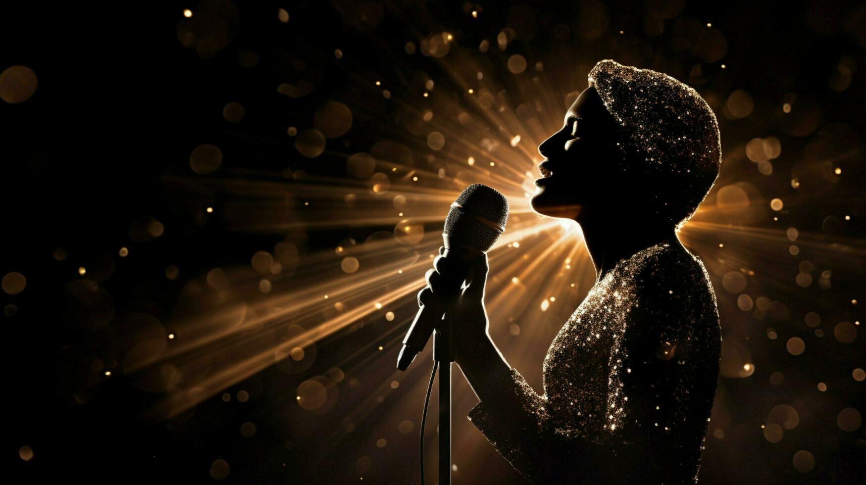 shiny microphone illuminates singer face on stage photo