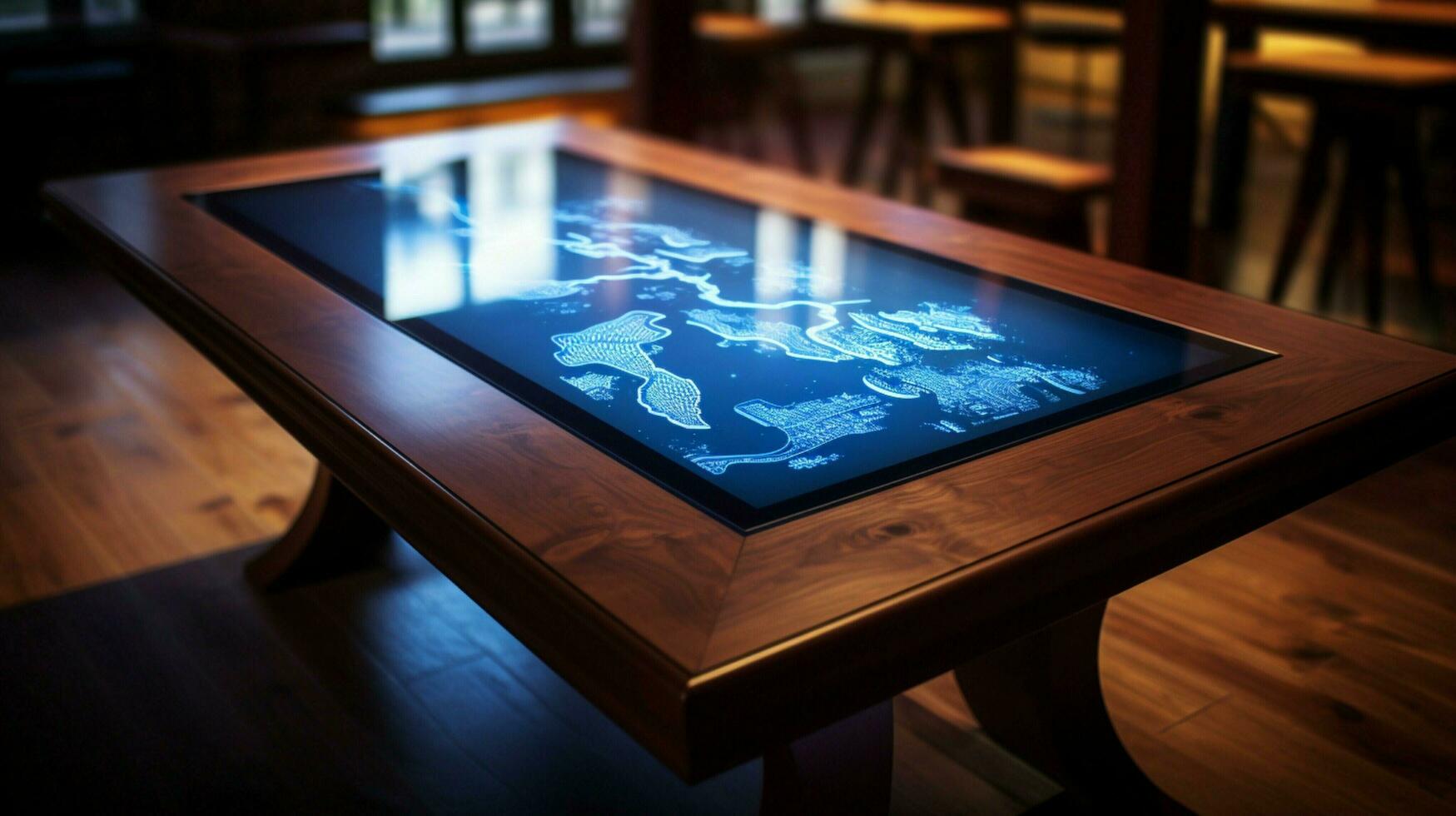 shiny touch screen on wooden table illuminates room photo