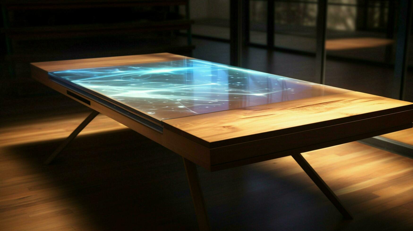 shiny touch screen on wooden table illuminates room photo