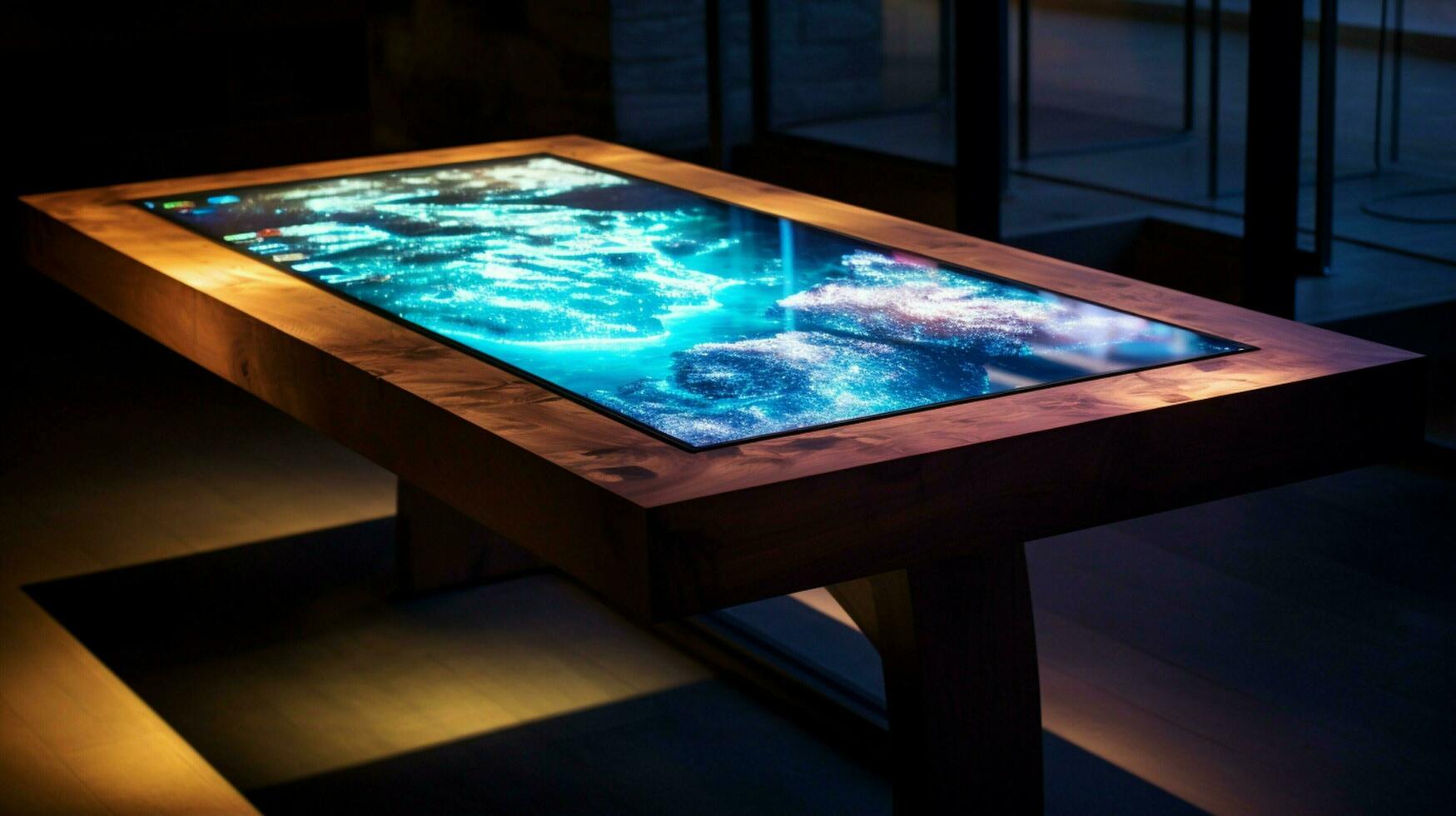 shiny touch screen on wooden table illuminates room photo