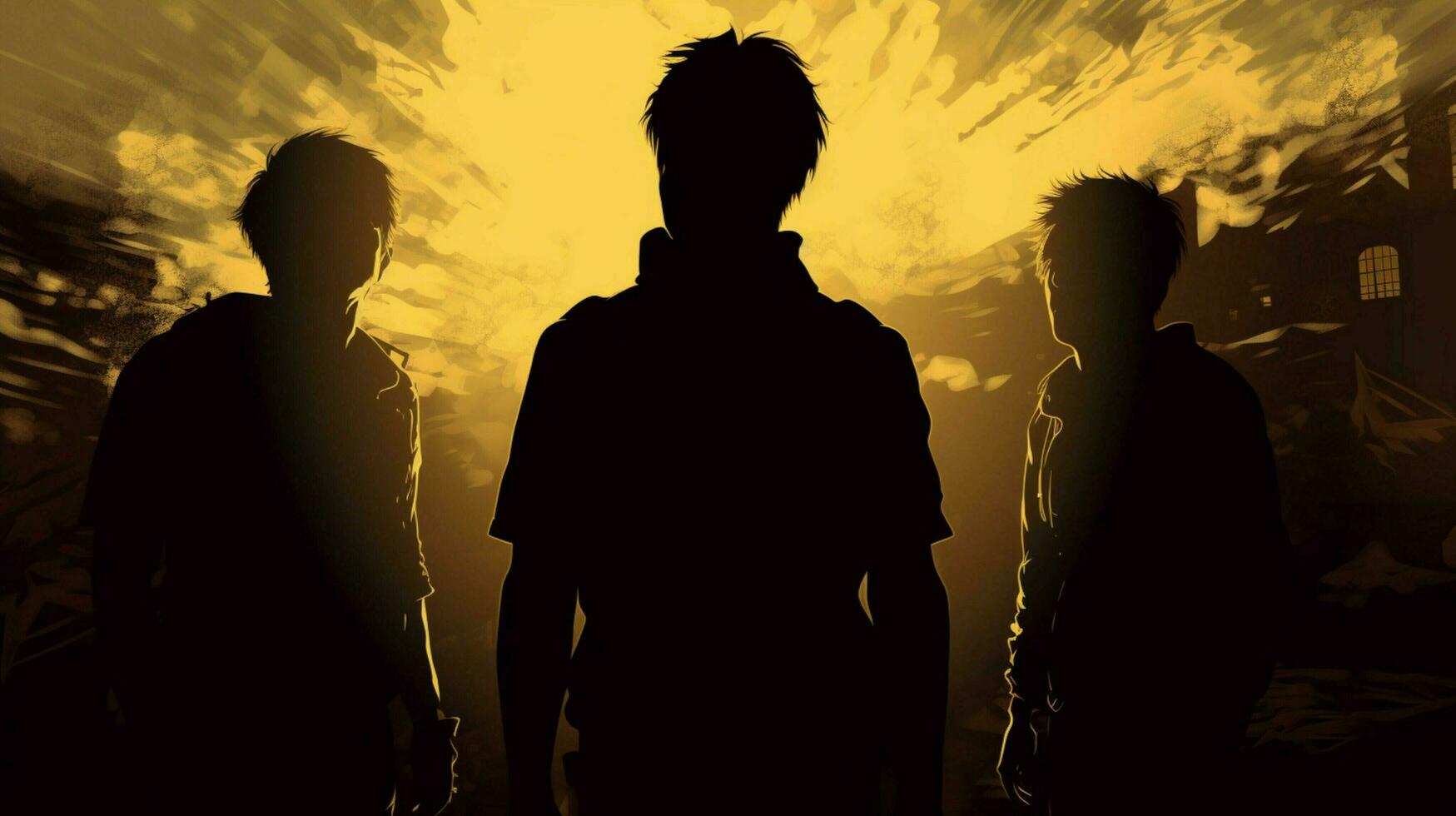 silhouette illustration of men back lit by grunge photo