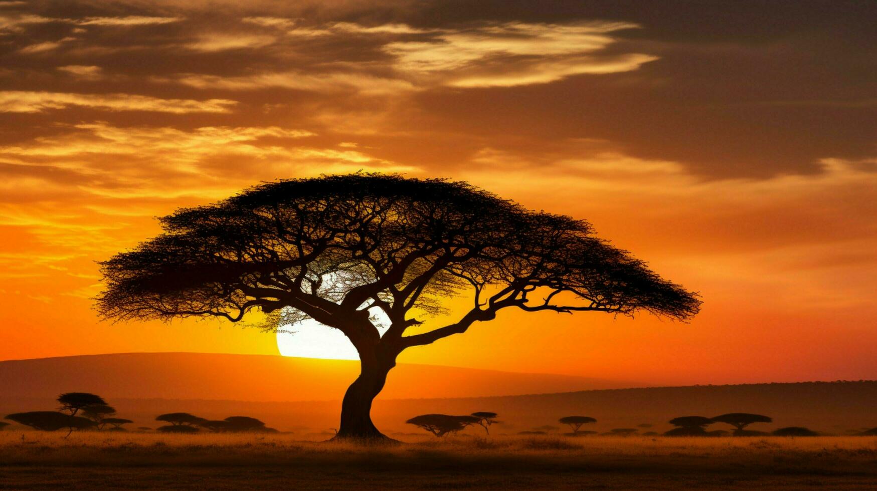 silhouette of acacia tree in golden sunset photo