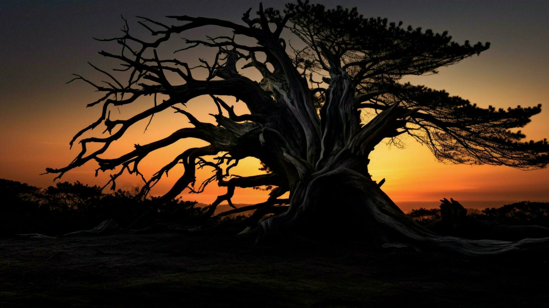 silhouette of an old tree trunk at dusk photo