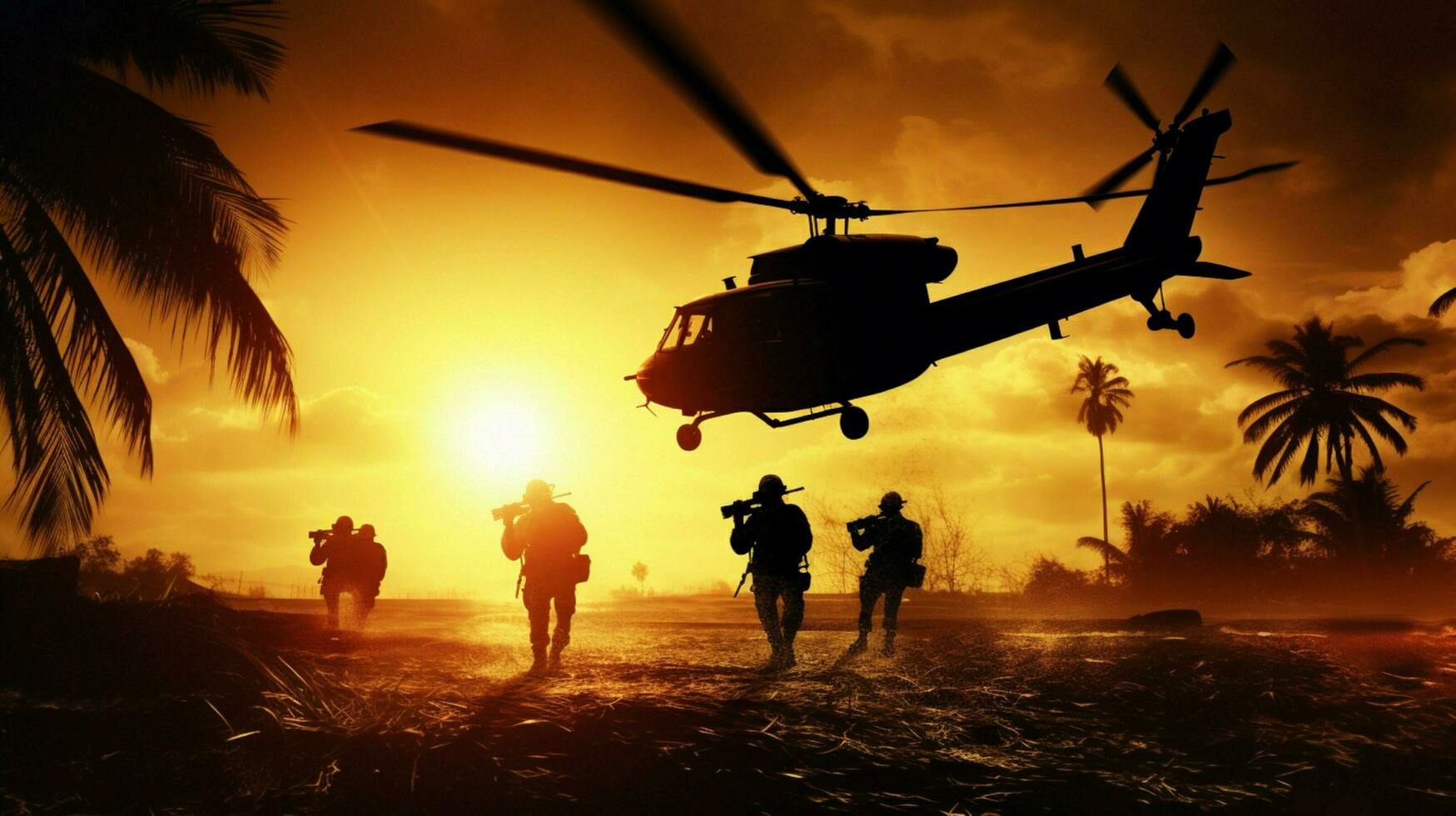 silhouette of armed forces piloting helicopter outdoors photo