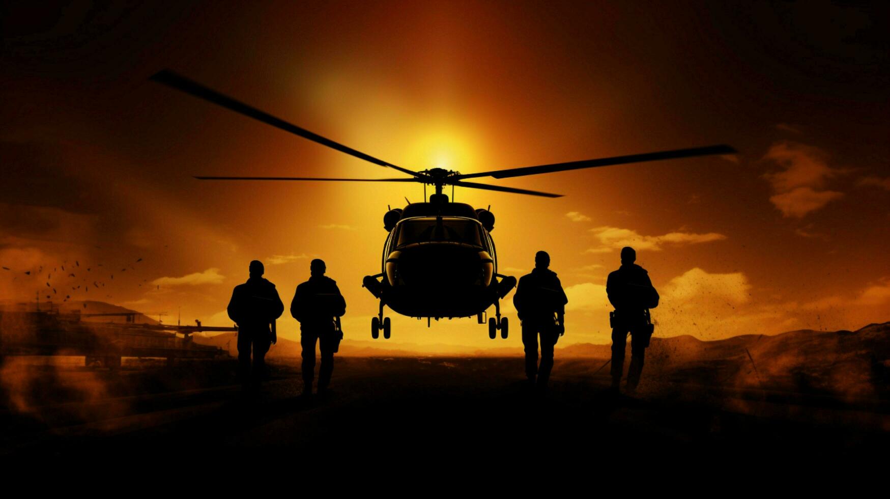 silhouette of armed forces piloting helicopter outdoors photo