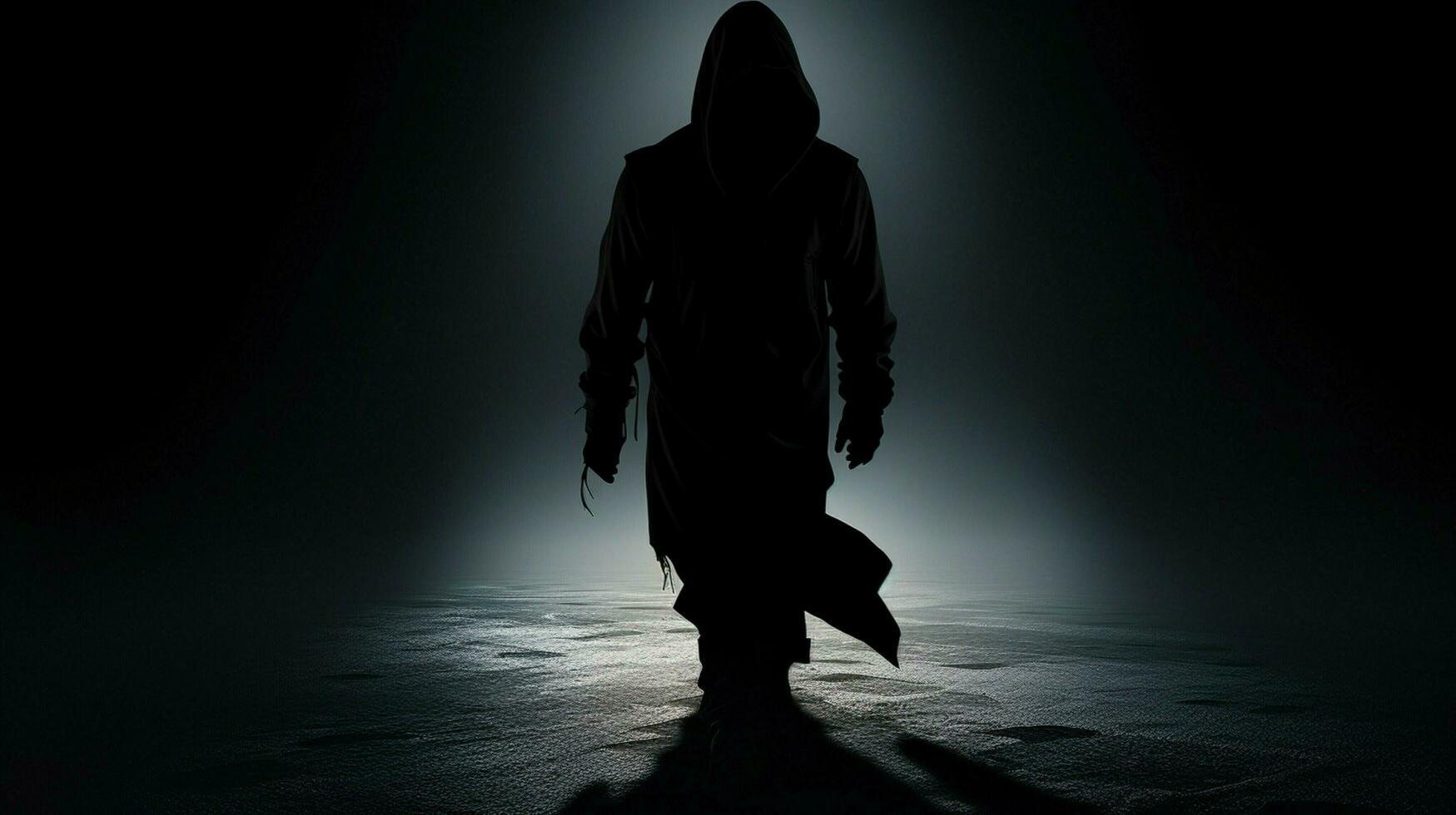 silhouette of hooded thief walking in black photo